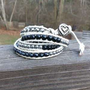 White Leather Wrap Beaded Bracelet